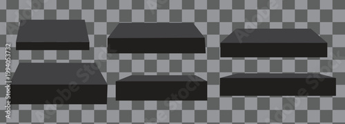 Empty black, white rectangular, circle,  podium, top table mockup. Abstract 3d cylinder pedestal or product display stand.  Vector set of realistic isolated podium platform in abstract stage
