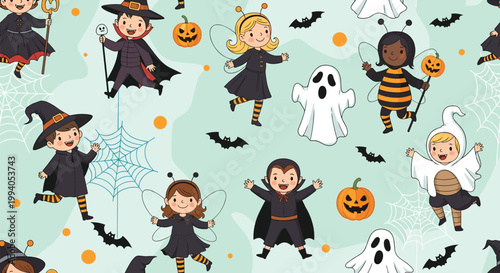 Playful seamless pattern featuring children dressed in various Halloween costumes such as ghosts, witches, and vampires.