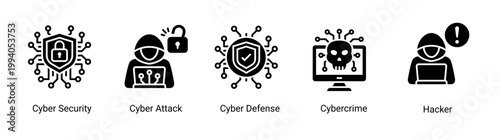 Cyber defense icon set featuring hacker,cyber attack and cybercrime concepts.Perfect for cybersecurity services and network protection visuals.