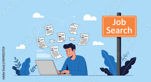 Young man sitting at a desk with a laptop searching for jobs online with resumes and emails flying around him.