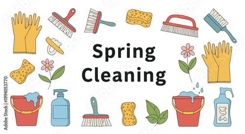 Diverse collection of household cleaning supplies like buckets, brushes, and sponges arranged around the text Spring Cleaning.