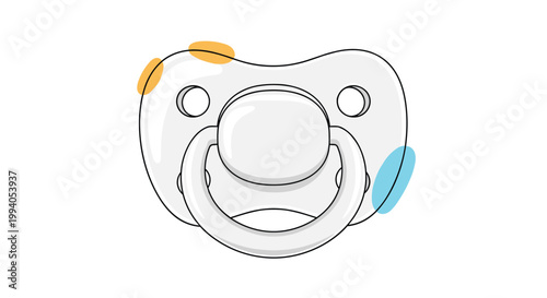 Simple and clean illustration of a white baby pacifier with soft blue and orange abstract accents on a plain white background.
