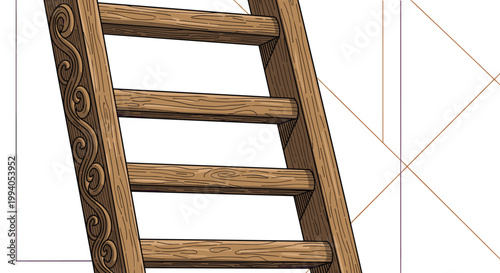 Close up view of a decorative wooden ladder showing intricate spiral carvings on the side rail in high detail on white background.