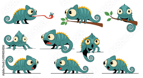 Collection of cute cartoon chameleons in various poses showing different facial expressions and funny activities on branches.