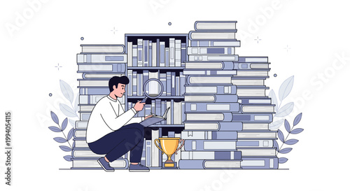 Man using a magnifying glass to search through tall stacks of books next to a large gold trophy in a library or study room.