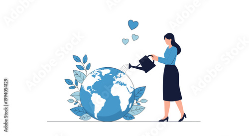 Illustration of a woman watering the earth with a watering can representing environmental care and protection.