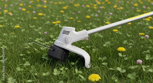 Electric weed whacker in green grass.