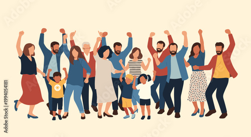 Large group of happy people of different ages and backgrounds celebrating and dancing together on a plain background.
