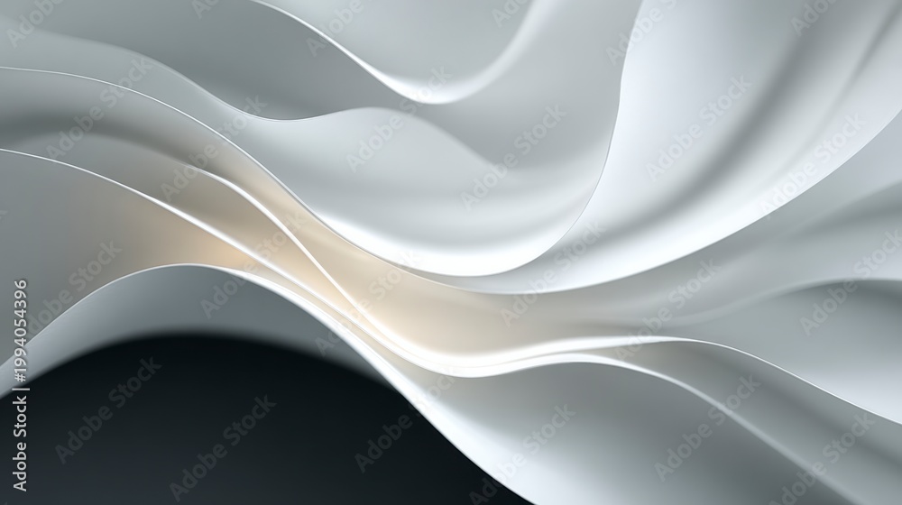 Fototapeta premium Abstract white flowing silk waves with soft shadows and elegant curves creating minimalist background for luxury product showcase 3D render design style