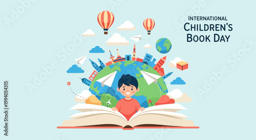 Boy reading book on International Children's Book Day with globe and landmarks