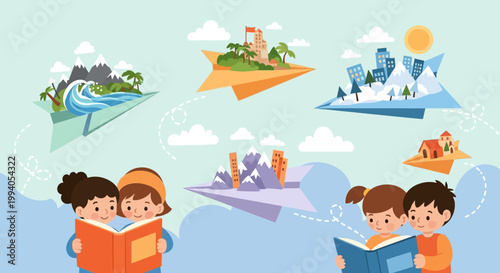 Children reading books imagine traveling to various places around the world