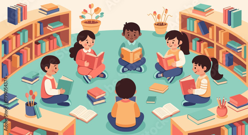 Children reading books in a cozy library with bookshelves and desks around them