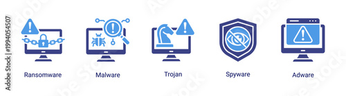 Malware attack icon set featuring ransomware,trojan and spyware threats.Ideal for cybersecurity risk,hacking concept and digital security visuals.