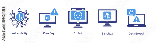 Vulnerability icon set featuring zero day,exploit and data breach.Ideal for cybersecurity analysis and threat detection concepts.