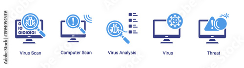 Virus scan icon set featuring computer scan and malware analysis.Ideal for antivirus software and system security monitoring concepts.