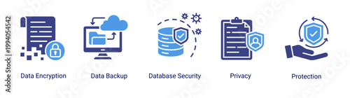 Data security icon set featuring encryption,backup and privacy protection.Perfect for secure data system and information security visuals.