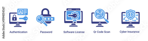 Secure access icon set with authentication,password and software license.Ideal for login security and system access control concepts.