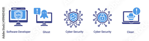 System monitoring icon set featuring developer,cyber security and spyware threat detection.Perfect for cybersecurity workflow,system monitoring and digital security analysis.