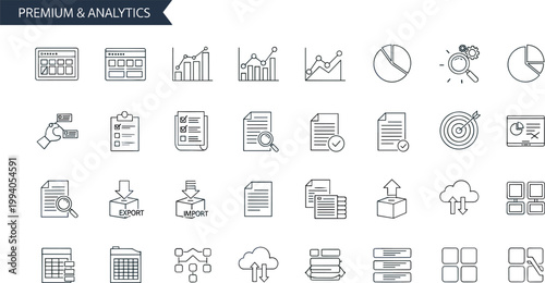 Premium analytics dashboard report export import outline icon set business performance monitoring editable stroke vector office interface collection