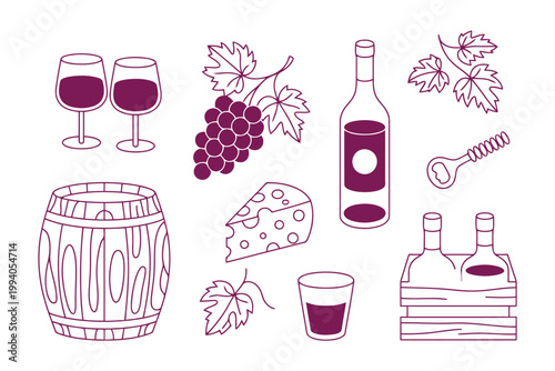 Set of wine icons including bottle, glasses, barrel, grapes, and cheese.