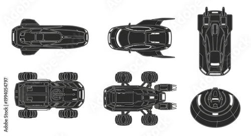 Collection of futuristic sci fi vehicle illustrations top view.