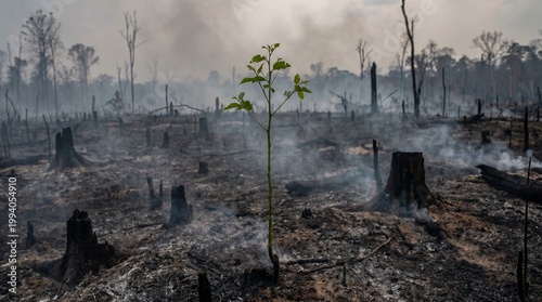 Single green sapling amidst charred forest after wildfire devastation