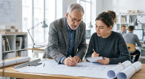 Experienced older architect reviewing plans with young junior designer.
