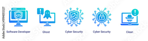System monitoring icon set featuring developer,cyber security and spyware threat detection.Perfect for cybersecurity workflow,system monitoring and digital security analysis.