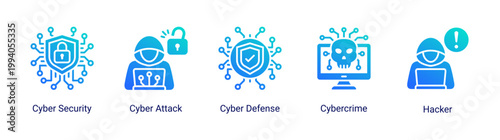 Cyber defense icon set featuring hacker,cyber attack and cybercrime concepts.Perfect for cybersecurity services and network protection visuals.