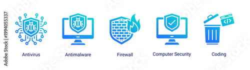 Security software icon set including antivirus,firewall and coding.Ideal for system protection and cybersecurity technology concepts.