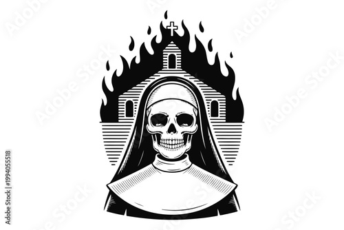 Skull nun with burning church horror symbol scary dark art.