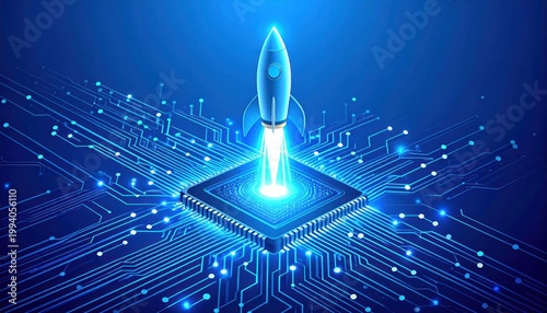 Blue rocket launching from a glowing microchip on a digital circuit board symbolizing rapid technological advancement and innovation