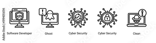 System monitoring icon set featuring developer,cyber security and spyware threat detection.Perfect for cybersecurity workflow,system monitoring and digital security analysis.