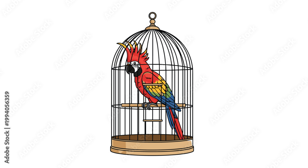 Fototapeta premium Vibrant red and yellow macaw parrot sitting calmly on wooden perch inside round metal birdcage against white background.