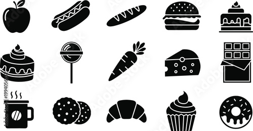 Food Icon Set with Apple, Burger, Cake, Coffee, Donut, and Snacks, Black Silhouette Collection for Menu and Restaurant Vector Design