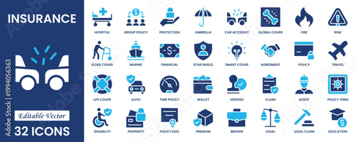 Insurance flat icons collection. Containing healthcare medical, life, car, home, travel insurance icons. Solid icons vector collection.