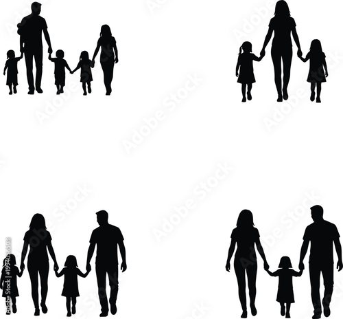 Family silhouette illustration showing diverse family groups with parents and children, concept of family diversity and togetherness