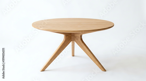 Round wooden table with a light wood finish and metal legs