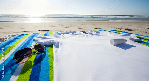 Beach towel with flip flops on sand.