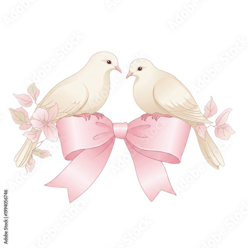 A Pair of Love Doves on a Pink Ribbon