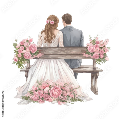 Romantic Back View Illustration of a Bride and Groom on a Floral Wedding Bench
