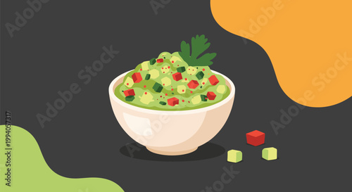 Bowl of fresh green guacamole dip topped with chopped tomatoes and a cilantro leaf served on a dark background with ingredients.
