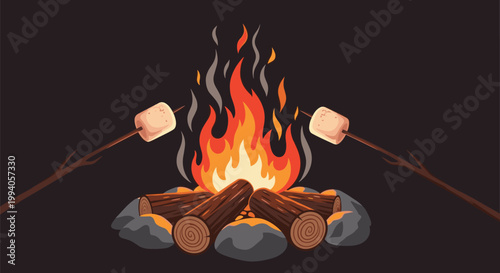 Warm campfire burning with bright orange flames and logs on stones while two marshmallows are being roasted over the heat on sticks.