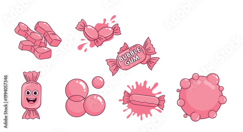Collection of pink bubble gum illustrations including wrapped candies, large bubbles, chewy pieces, and splashing liquid elements.