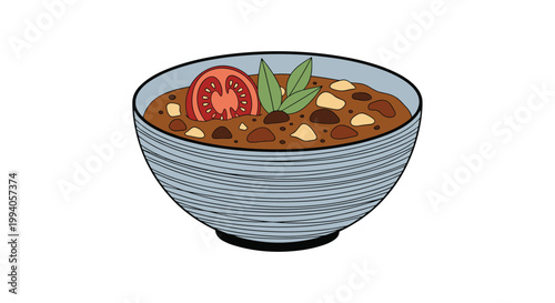 Warm bowl of homemade bean soup topped with a slice of fresh tomato and green bay leaves for a healthy and comforting meal.