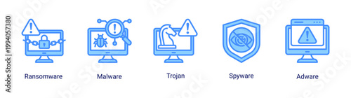 Malware attack icon set featuring ransomware,trojan and spyware threats.Ideal for cybersecurity risk,hacking concept and digital security visuals.
