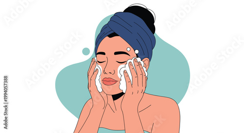 Beautiful woman with her hair wrapped in a blue towel washes her face with white cleansing foam against a blue background.