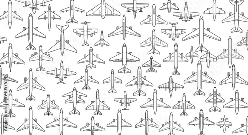Collection of Hand Drawn Airplane Silhouettes on White Background.