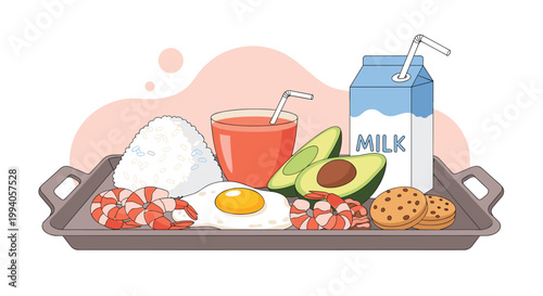 Healthy breakfast tray filled with a bowl of rice, fried egg, prawns, sliced avocado, a glass of juice, milk carton, and cookies.