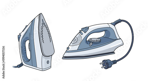 Two modern electric irons for domestic laundry, one standing upright and the other horizontal with its power cord and plug visible.